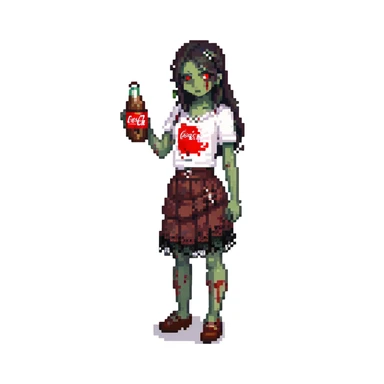 Generate an Asian girl, dark-haired, she's a zombie, wearing a skirt with lace, slightly torn,

Holding a bottle of Coca-Cola in her hands.

Background - a dark street in the style of Gotham City. sticker
