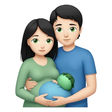 Make a couple hugging the girl is white with long black hair with blue eyes. The girl is hugging a boy with light brown short hair with green eyes. The boz is pregnant  sticker