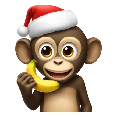 Happy little cartoon monkey eating a banana wearing a Christmas hat sticker