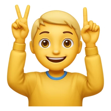 A 2D cartoon-style yellow emoji with a mischievous smile, shaped eyes, and both hands pointing upward with index fingers.  clean digital style, and a fun, dancing expression. Style similar to children’s drawing tutorials, dancing expression. No background, isolated on white.  sticker