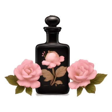Two English vintage glass perfume bottles from my aristocratic grandmother, exquisite bottle shape, old and shabby, with label, stylish and minimalistic, black and brown with pink gradient, with little herbal and flowers  sticker