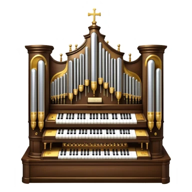 Create an elegant and majestic emoji representing a classical church organ. The emoji should feature the grand pipes of the organ in the background, with visible details of the keys and pedalboard in the foreground. The pipes should be tall and impressive, with a mixture of gold, silver, and metallic shades to emphasize the grandeur of the instrument. The keyboard and pedals should be well-defined, capturing the intricate craftsmanship of the organ. Use dark wood tones and gold accents for the body of the instrument to give it a rich, historic feel. Add subtle musical notes around the organ to evoke its deep, resonant sound. The background should be transparent. sticker