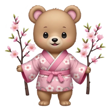 A cute baby bear character in pastel style, standing upright like a human. 
Light brown soft fur, large round ears, rounded paws and feet. 
Big cute black dot eyes, medium blush cheeks, and a tiny smiling mouth. 
Wearing a pink kimono with soft cherry blossom patterns on the sleeves and bottom,  sticker