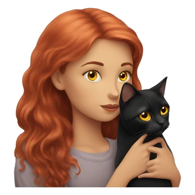 A red-haired girl kisses a black British cat with yellow eyes sticker