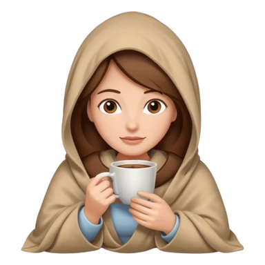 brown hair woman sitting under beige blanket, with a blanket over his head, holding cup of coffe sticker