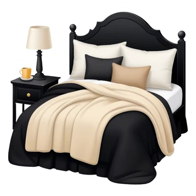 Black bed with pillows and blankets, cozy vibe white and beige sticker