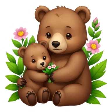 mother bear cuddling a bear cub with flowers sticker
