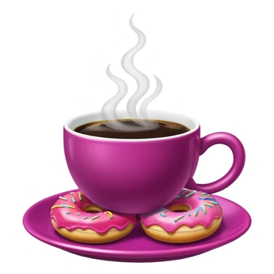 A steaming cup of coffee, magenta with a yellow butterfly print, sits on a magenta saucer with colorful donuts. sticker