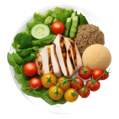 Look up on a large white round plate of healthy food sticker