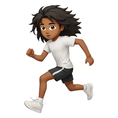 generate a pretty bratz brown skinned boy with black messy long hair wearing a white tshirt and black running shorts. running on the street with white sneakers sticker
