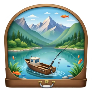 Icon for Fishing Travel: a boat on a calm lake surrounded by mountains and lush greenery, with fish jumping out of the water, a fishing rod, tackle box. The icon should capture the peaceful and adventurous nature of fishing trips. Transparent background. sticker