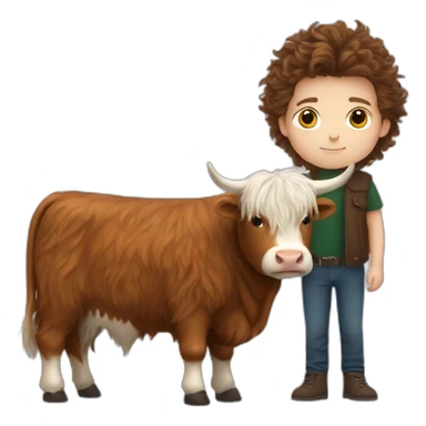 White brunette boy with fluffy highland cow sticker