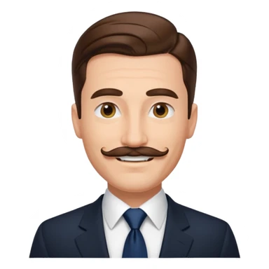 Caucasian man emoji, slicked back brown hair, black suit, navy tie, mustache, smiling sticker