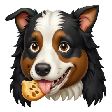 A black and white border collie is chewing on a rotten, smelly cow's hoof. sticker