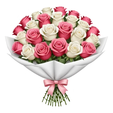 A white paper-wrapped bouquet of fresh roses and baby’s breath sticker