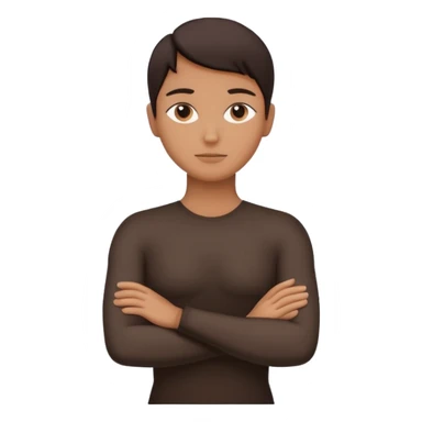 Minimalist human silhouette, upper body only, arms crossed, no facial features, solid dark shape, flat icon style, centered, transparent background sticker