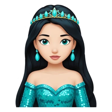 Jasmine from Disney Princess with long black hair, turquoise sequin outfit sticker