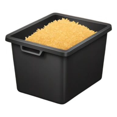 Black cubic plastic container with wood shavings inside sticker