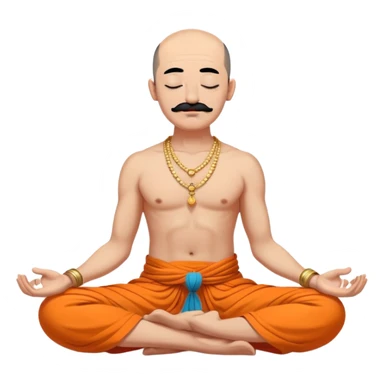 сossack with bold head, very long 15 inch black mustache, lock of black hair sprouting from the top of the shaven head, meditating bare torso with closed eyes in lotus pose in long orange indian dhoti covering the legs sticker