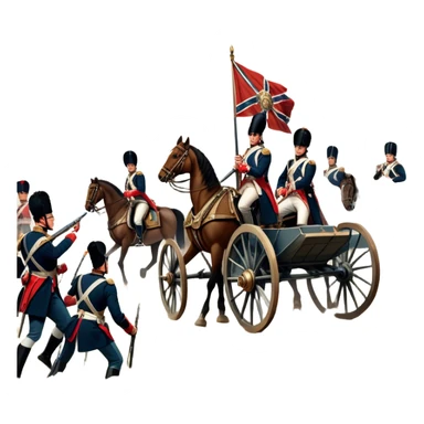 A vintage movie poster-style design depicting a dramatic Napoleonic War scene. Include soldiers in period uniforms, cannons, and a battlefield with flags and horses. The background should evoke a sense of battle and history, with old-fashioned cinematic flair. Transparent background. sticker