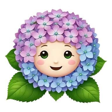 Adorable cute hydrangea flower with happy face, puffy round cluster of pastel colored tiny blooms, cheerful appearance, and cute little green leaves sticker