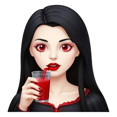 vampire using a juice box, long hair, red juice sticker