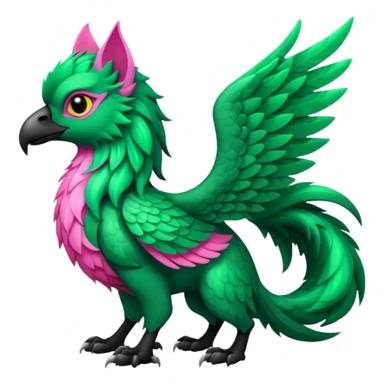 Emerald-green gryphon with a long tufted tail, black beak, pink swirly pattern markings, black claws, black tail, majestic, realistic, furry (full body) sticker