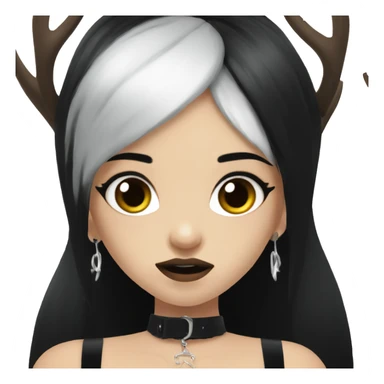 Portrait. Goth, deer girl. Wearing a black sleeveless dress with a choker. She has White antlers and deer ears. Long Black hair. She looks angry sticker