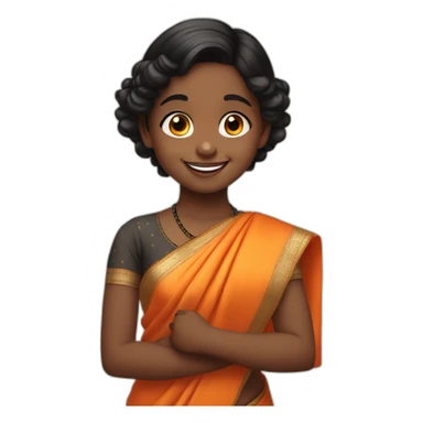 smiling and pointing 3 years old dark skin indian girl with black curly hair in pigtails wearing a orange saree sticker