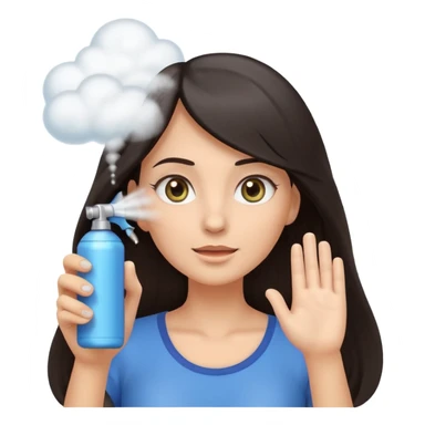 Emoji-style illustration of a woman with long dark hair, front-facing, simple rounded facial features, big expressive eyes, flat vector shading. A hand is spraying hair spray from a small aerosol can toward her hair, visible mist/spray particles in the air.  sticker