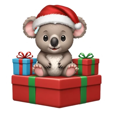 Koala sitting on toniebox speaker with a santa hat and presents around him, make the backroun festive sticker