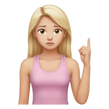 Create a young woman with long blonde hair, golden eyes, and medium-light skin tone, wearing a light pink tank top and leggings. She should be in portrait mode, but with a subtle doubting facial expression—slightly raised eyebrow, small frown, .  and her hand next to her chin like this emoji 🤔 sticker
