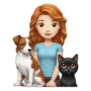 Femme rousse aux yeux bleus avec son chien noir, son cheval marron et son chat blanc sticker