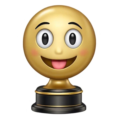 An Oscar statuette with a black base and a smiling round emoji face for the head, with its tongue sticking out. The emoji face should have no rosy cheeks, just a simple yellow face with black eyes and a wide, playful mouth. sticker