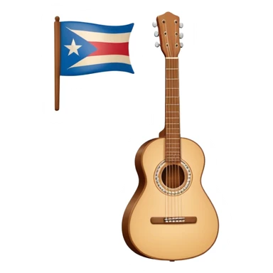 “Flat vector icon of a Cuban tres guitar in three-quarter view, warm brown wood with 3 string courses, thick outline, centered on a warm cream or beige rounded-square (or circle); add a small simplified Cuban flag (blue, red, white) on the soundboard like a sticker.  sticker
