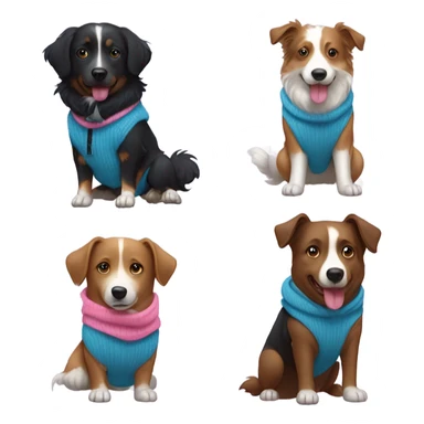 A potato wearing a pink hoodie walking two dogs on a leash. One dog is an australian Sheppard and the other is a skinny black dog with pointy ears wearing a blue sweater sticker