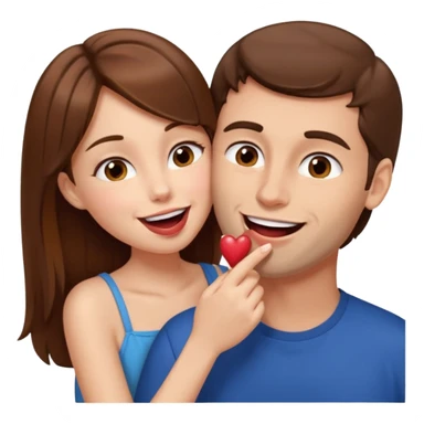 There is a girl with brown hair standing next to her, a tall man with brown hair, and the girl passionately licks his cheek sticker