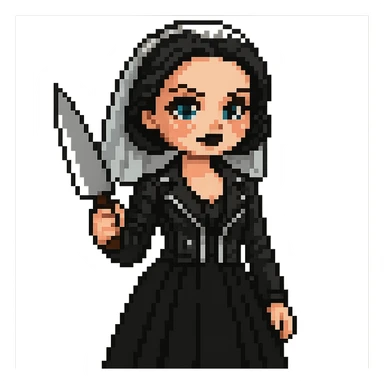 Make Chucky’s bride doll hold a knife, keep her in a black dress and leather jacket with dark makeup, pixel art style sticker
