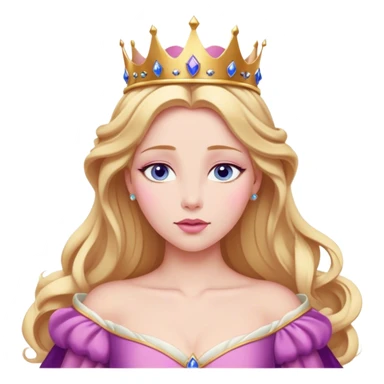 Cinematic Realistic Sleeping Beauty (Aurora) Portrait, with porcelain-like skin featuring a natural rosy flush, illuminated by soft lighting that highlights the gentle contours of her face. Her golden blonde hair flows in soft, detailed waves with subtle highlights that shimmer in the light. Her deep violet-blue eyes radiate warmth and innocence, framed by arched brows and long lashes. Her serene expression exudes quiet elegance. She is dressed in her classic pink gown, the fabric rich in texture with delicate folds that catch the light. A golden crown rests atop her head, gleaming with royal refinement. The portrait captures a soft, glowing aura, blending realism with an ethereal sense of beauty and timeless enchantment. sticker