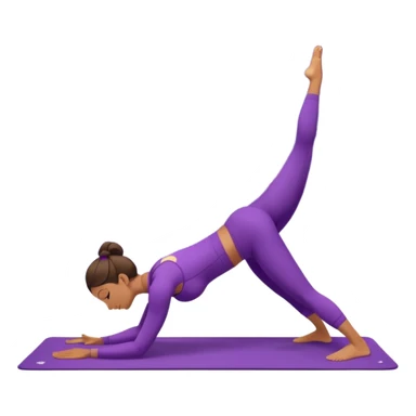 A woman wearing a purple yoga suit doing downward dog pose on a mat, pastel background with floating stars. sticker