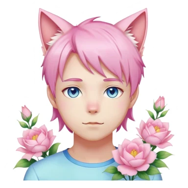 Pastel effeminate young femboy man with pastel pink shiny hair, pink cat ears, pastel yellow blouse, blue eyes, cute, gorgeous, anime, catboy, romantic, beautiful, flowers, aesthetic sticker