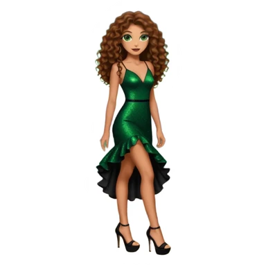 green eyes brown long curly hair evil siren woman,with 7 inch platform stripper high heels black glitter dress, Los Angeles Spanish style black outfit sticker