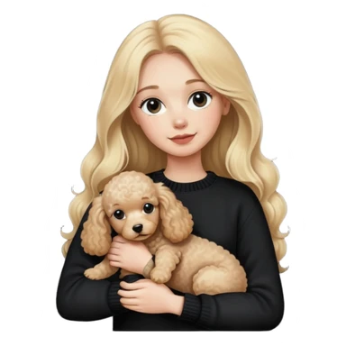blonde girl with long hair in a black sweater holds a Poodle puppy in her arms sticker