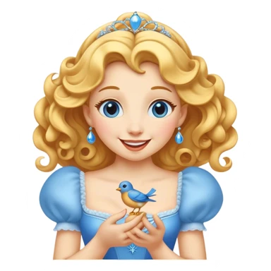 Cinematic Adorable Cinderella Portrait Emoji, Giggling softly while holding a tiny bluebird, golden curls bouncing, eyes sparkling with joy, wrapped in a soft golden glow, exuding warmth and charm, an irresistible blend of beauty and playfulness! sticker