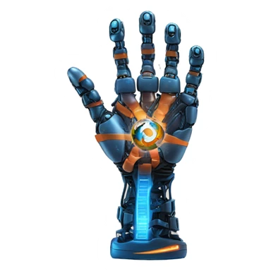 Earth held by a futuristic robotic hand, glowing with blue and orange digital lines, with a high-tech and futuristic atmosphere sticker