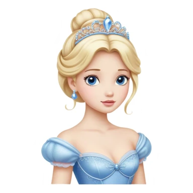 Cinematic Realistic Cinderella Portrait, depicted with lifelike porcelain skin, elegantly styled blonde hair, and a serene, graceful expression. Dressed in her classic ball gown with intricately detailed fabric textures and delicate pastel hues that catch soft, natural lighting, this portrait captures the timeless beauty of a fairy tale princess. sticker