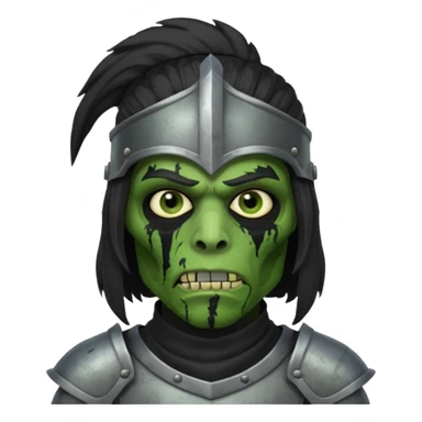 A black male with long black rough hair wearing a knight helmet with green zombie skin  sticker
