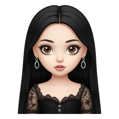 pale skin, girly bratz baddie, beautiful dark brown eyes, pretty makeup, long dark black straight hair, girly lace clothes sticker