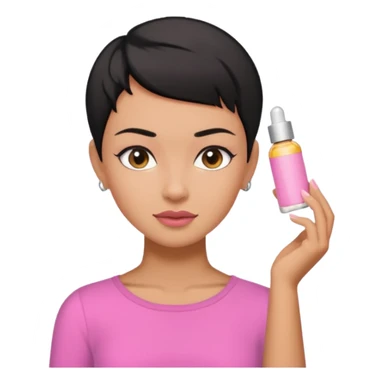 tan girl pink shirt with black hair & a pixie, cut no earrings, doing skin care sticker