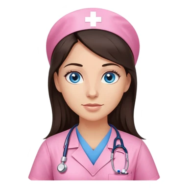 Female nurse, Very long dark brunette hair, blue eyes,medium skin- tone, skin, pink scrubs, without hat sticker